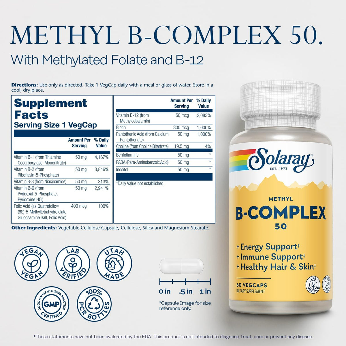 SOLARAY Methyl B Complex 50mg, Vitamin B Complex with Methylated B12, B6, Folic Acid, Biotin - Vegan, 60 Capsules - görsel 2