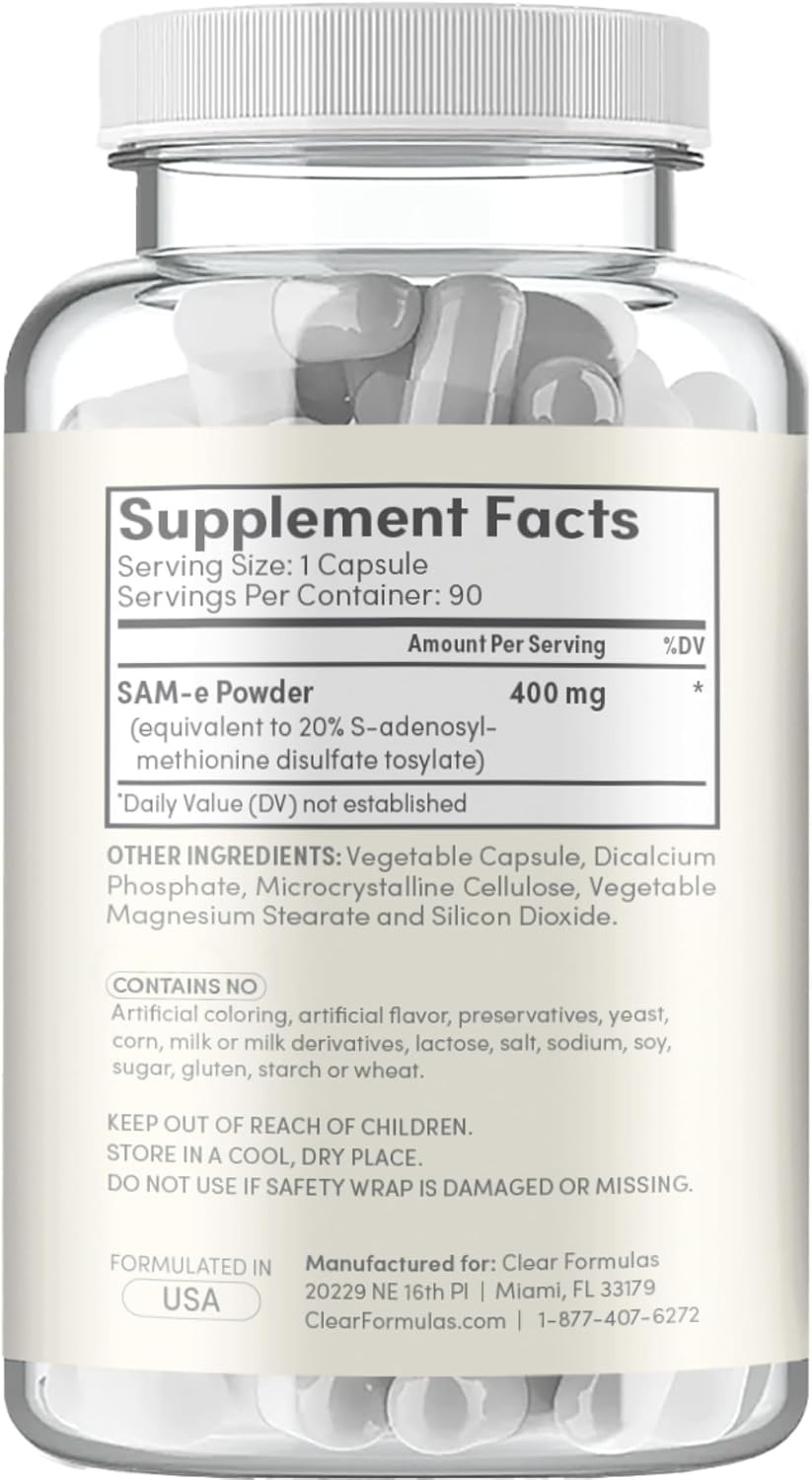 Clear Formulae Bioactive SAM-e 400mg - High-Strength SAM-e Food Supplement with Biologically Active S,S Form - Vegan, Non-GM, Preservative-Free - 90 Capsules - görsel 2