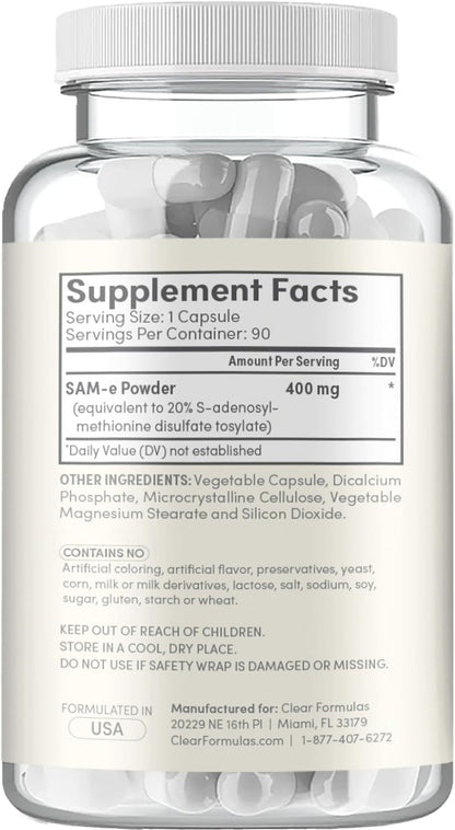 Clear Formulae Bioactive SAM-e 400mg - High-Strength SAM-e Food Supplement with Biologically Active S,S Form - Vegan, Non-GM, Preservative-Free - 90 Capsules
