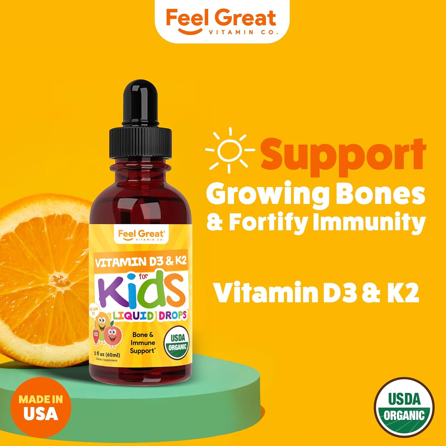 Feel Great USDA Organic Liquid Vitamin D Drops for Infants & Toddlers with K2, 2 oz - görsel 3