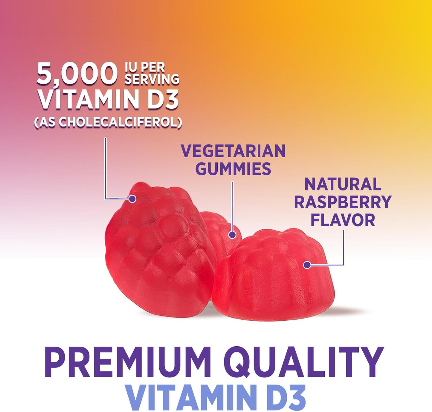 Health Nutrition Naturals Vitamin D3 Gummies 5000 IU – Contributes to Normal Immune Function and Bone Maintenance, Raspberry Flavoured, 120 Gummies - görsel 3