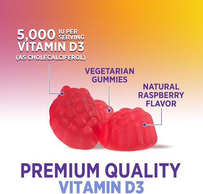Health Nutrition Naturals Vitamin D3 Gummies 5000 IU – Contributes to Normal Immune Function and Bone Maintenance, Raspberry Flavoured, 120 Gummies