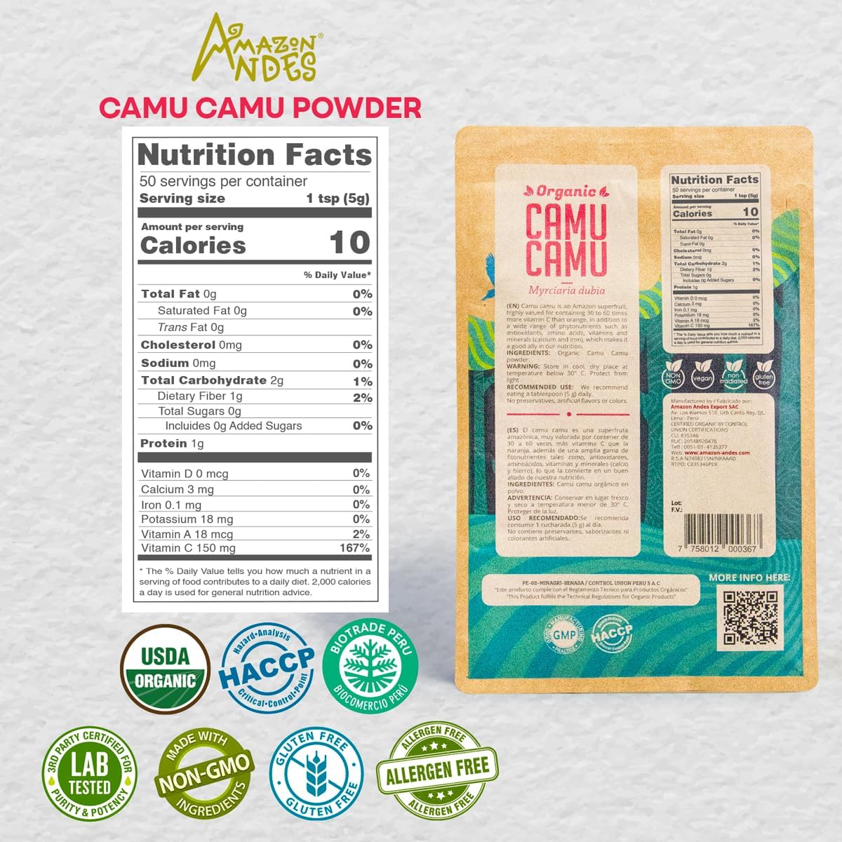 Amazon Andes Organic Camu Camu Powder – 100g (3.5oz) – USDA Organic Freeze Dried Whole Berry – Natural Vitamin C from Peru - görsel 2
