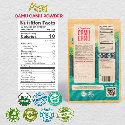 Amazon Andes Organic Camu Camu Powder – 100g (3.5oz) – USDA Organic Freeze Dried Whole Berry – Natural Vitamin C from Peru