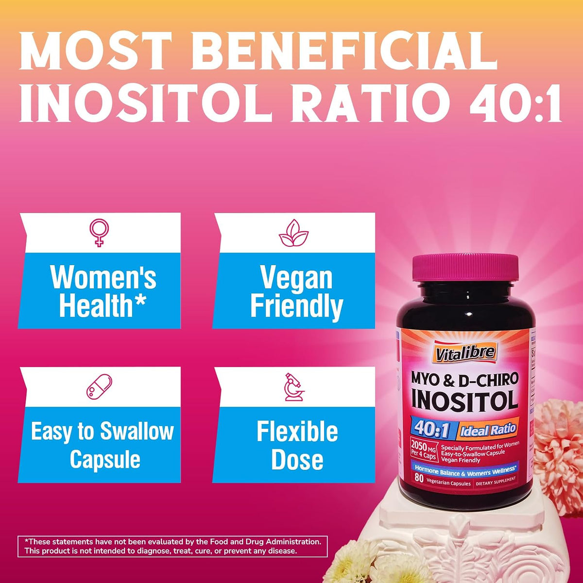 Vitalibre Inositol Supplement, Myo-Inositol & D-Chiro Inositol for Women, 40:1 Ideal Ratio, Hormonal Support and Women’s – Image 4
