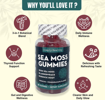 Premium Sea Moss Gummies with Bladderwrack and Burdock Root, 60 Count