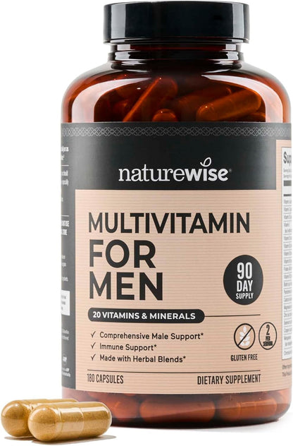 NatureWise Multivitamin for Men - Daily Male Support with Minerals & Herbs for Energy, Performance, Immunity - Soya & Gluten-free, Non-GM - 180 Capsules (3-Month Supply)