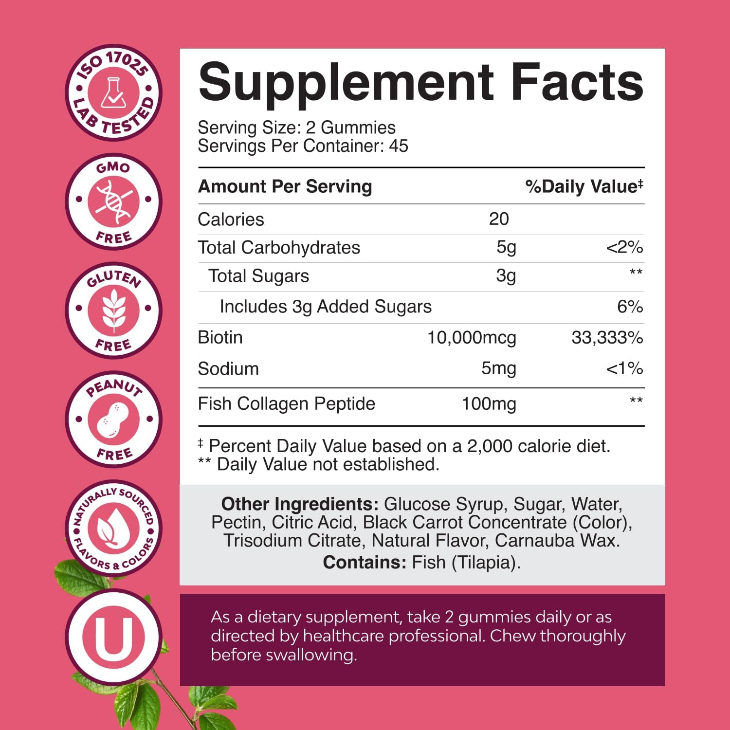 Hair, Skin & Nails Gummies for Women - Extra Strength Biotin & Collagen - Non-GMO Kosher Marine Collagen 10000mcg per serving - 90 Count - görsel 7