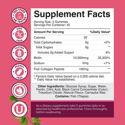 Hair, Skin & Nails Gummies for Women - Extra Strength Biotin & Collagen - Non-GMO Kosher Marine Collagen 10000mcg per serving - 90 Count