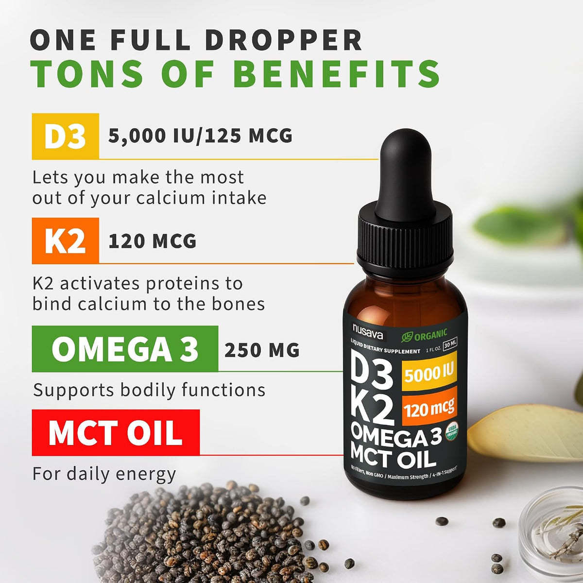 NUSAVA Organic Vitamin D3 K2 Drops with MCT Oil & Omega-3 - 5000 IU D3, 120 mcg K2, Liquid Supplement, 120 ml (Pack of 4) - görsel 3