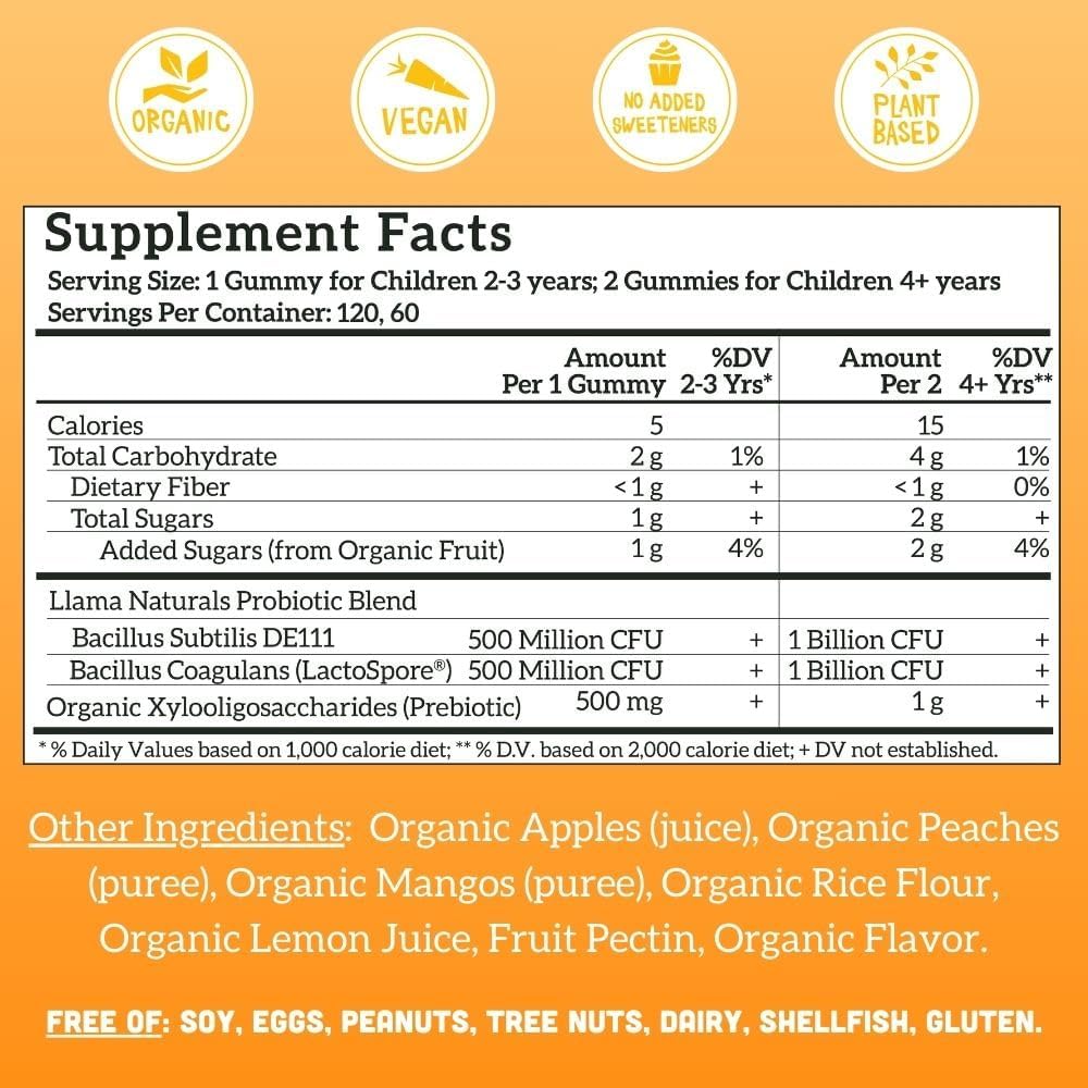 Llama Naturals Kids Probiotic with Prebiotic Fibre, Organic Real Fruit Gummies, Peach Mango, 120 Ct - görsel 3