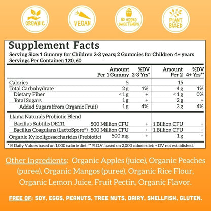 Llama Naturals Kids Probiotic with Prebiotic Fibre, Organic Real Fruit Gummies, Peach Mango, 120 Ct
