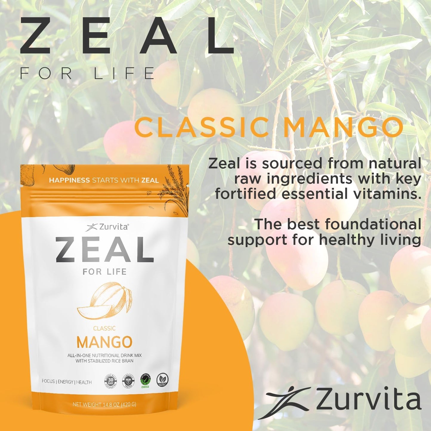 Zurvita Zeal for Life Wellness Drink Mix - Mango Flavour - Gluten-Free, Vegan, with Biotin, Vitamins B12, C, D, E, Iron, Magnesium - 30 Servings (420 g) - görsel 4