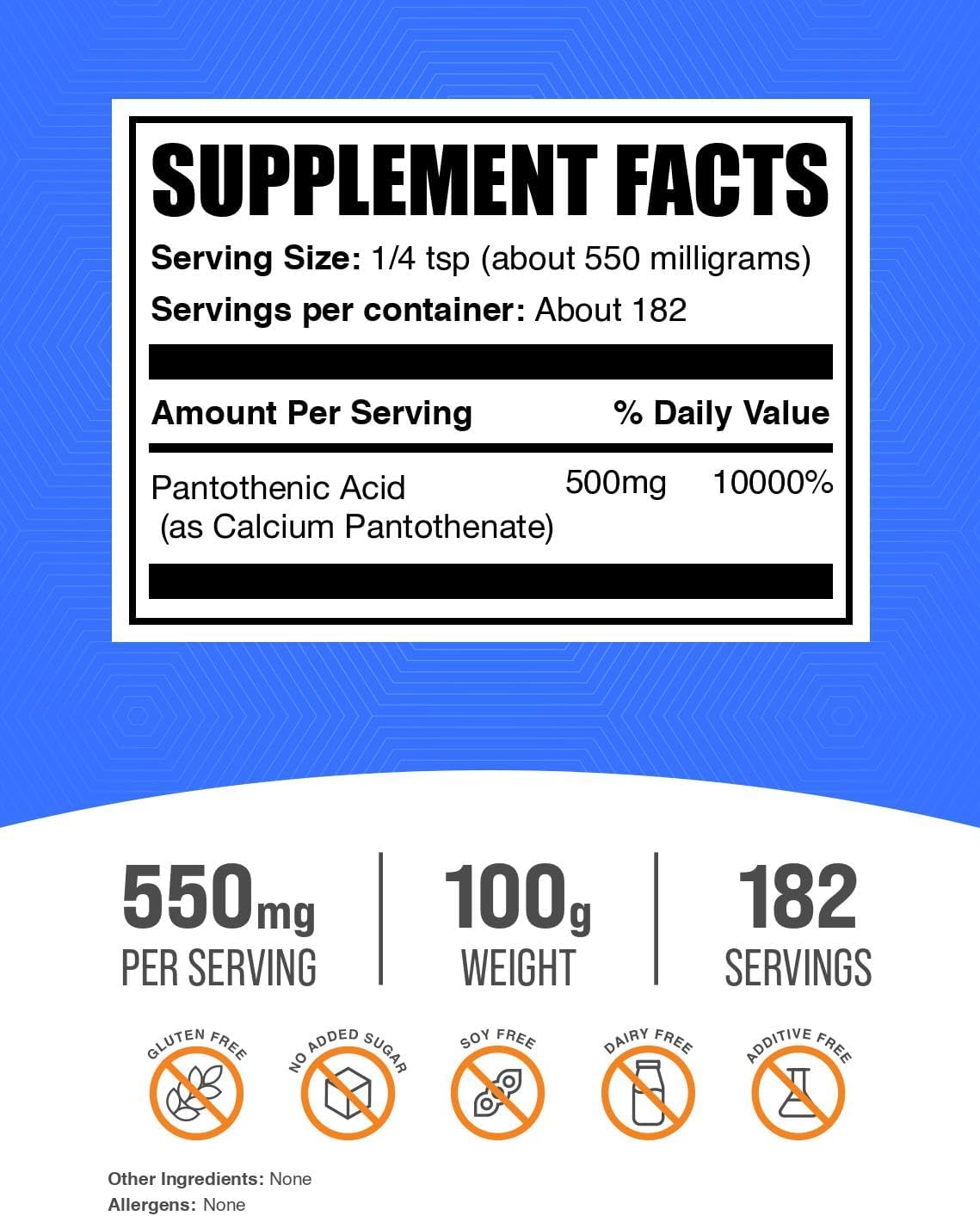 BulkSupplements.com Vitamin B5 Powder - Calcium Pantothenate, 500 mg, 100 g - görsel 2