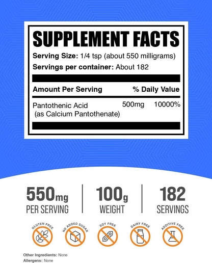 BulkSupplements.com Vitamin B5 Powder - Calcium Pantothenate, 500 mg, 100 g