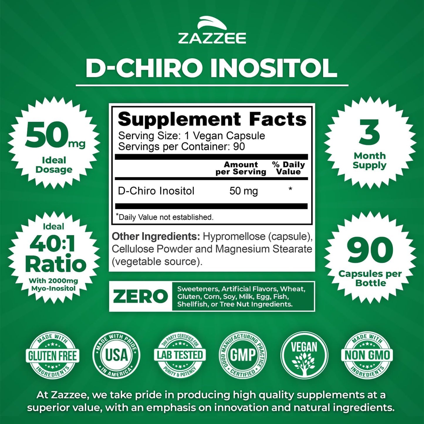 Zazzee D-Chiro-Inositol, 50 mg per Capsule, 90 Vegan Capsules, Ideal for 40:1 Ratio with Myo-Inositol, 3-Month Supply, 100% Vegetarian, Non-GMO - görsel 2