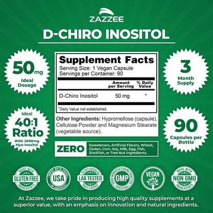Zazzee D-Chiro-Inositol, 50 mg per Capsule, 90 Vegan Capsules, Ideal for 40:1 Ratio with Myo-Inositol, 3-Month Supply, 100% Vegetarian, Non-GMO