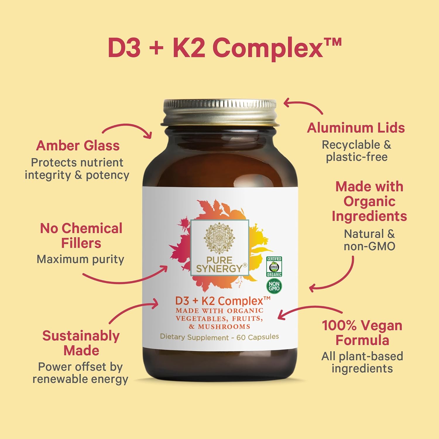 PURE SYNERGY D3 + K2 Complex | Vegan Vitamin D3 K2 Complex | Organic D3 Supplement with Vitamin K2 and K1 Plus Organic Whole Foods | Supports Bone, Brain and Immune Health (60 Capsules) - görsel 3