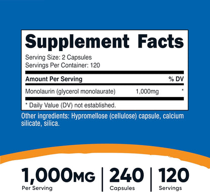 Nutricost Monolaurin 1000 mg - 240 Capsules (120 Servings) - Gluten-Free, Non-GMO, Vegan