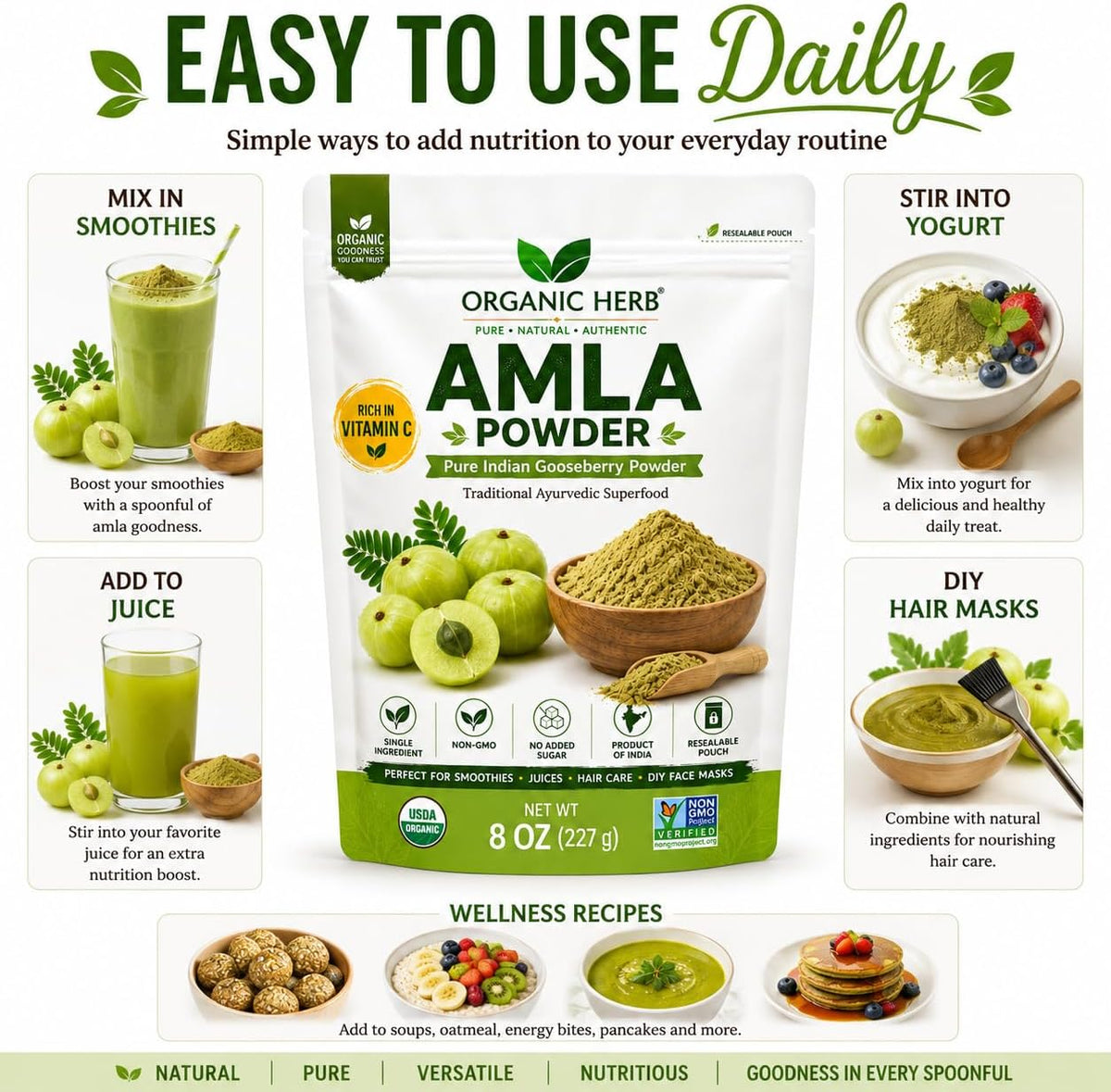 Organic Amla Powder - Pure Indian Gooseberry Vitamin C Supplement for Immune Support and Skin Health - 227 g - görsel 6