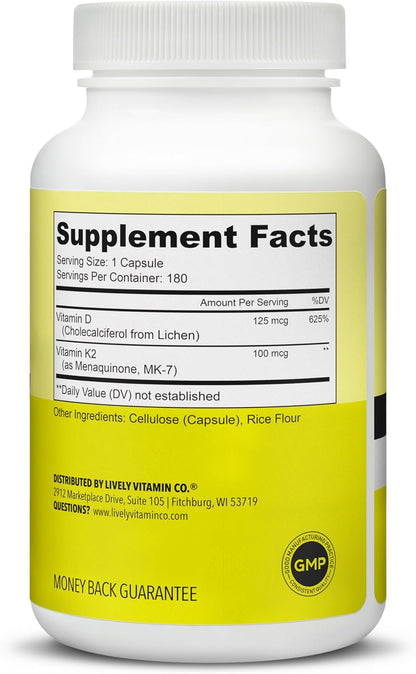 Lively Vitamin Co. Solar Power Vitamin D3 5000 IU with Vitamin K2 MK-7 (MenaQ7) - 180 Soft gel capsules
