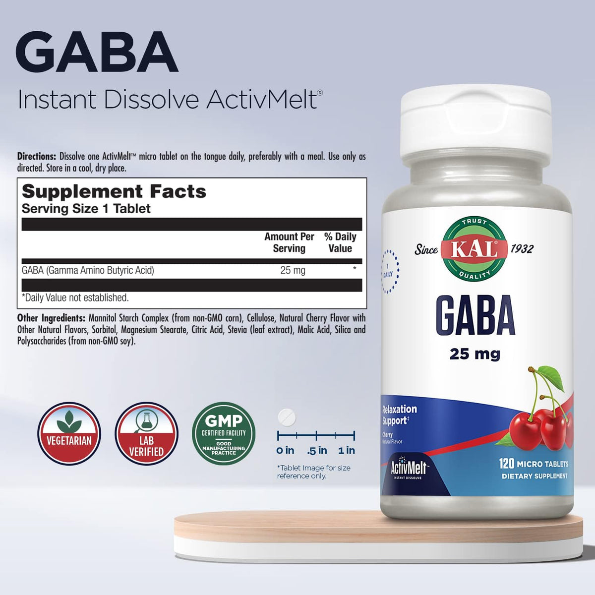 KAL GABA Supplement, Relaxation Support, Natural Cherry Flavour ActivMelt Instant Dissolve, 120 Micro Tablets - görsel 3