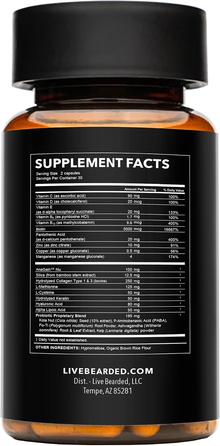 Live Bearded Beard Boost - Beard Growth Vitamins for Men with Biotin, Collagen, Silica, Fo-Ti Root - Facial Hair Growth for Men, Made in the USA | 60-Day Supply - görsel 2