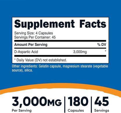 Nutricost D-Aspartic Acid Capsules – 3000mg per Serving, 180 Capsules per Bottle (2 Pack)