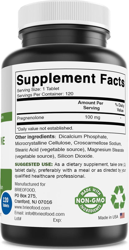 Brieofood Pregnenolone 100 mg 120 Tablets – Hormone Balance Supplement