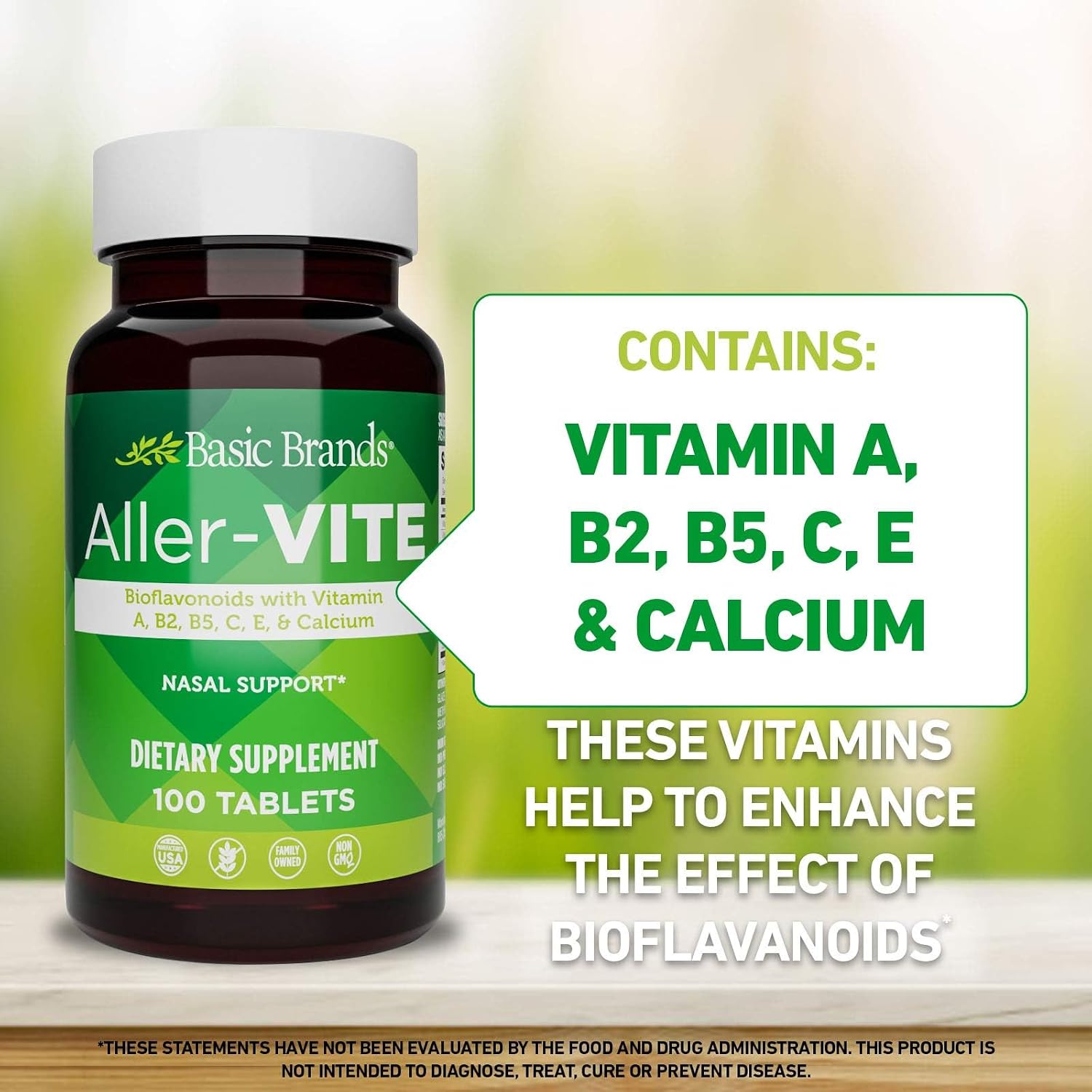 Basic Brands Aller Vite Nasal Support Tablets – High Bioflavonoid Complex with Vitamins and Calcium, Gluten-Free, 100 Tablets - görsel 4