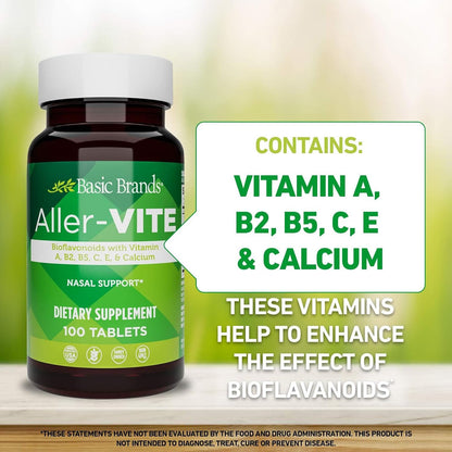 Basic Brands Aller Vite Nasal Support Tablets – High Bioflavonoid Complex with Vitamins and Calcium, Gluten-Free, 100 Tablets