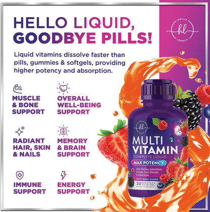 Hello Lovely! Liquid Multivitamin – Sugar Free Daily Multi for Women, Men & Kids, Berry Flavour (450 ml)