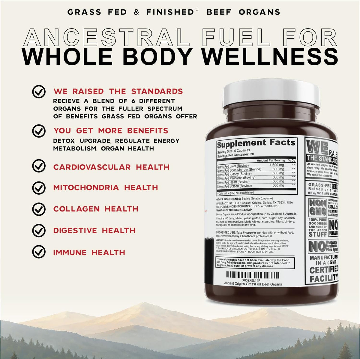 Ancient Origins Grass-fed Beef Organs Supplement (4500 mg, 180 Capsules) - görsel 2