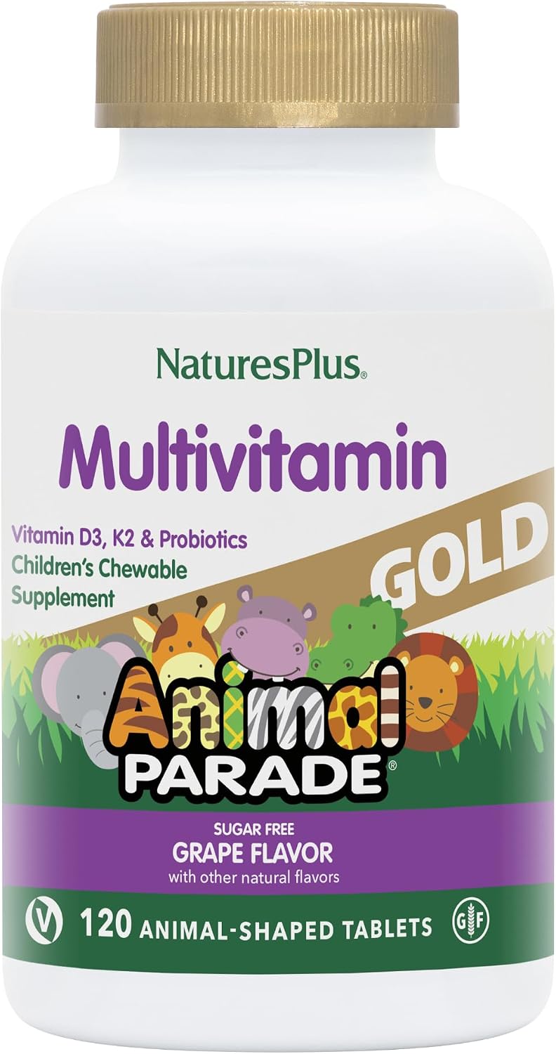 NaturesPlus Animal Parade Gold Children's Multivitamin - Grape Flavour - 120 Chewable Tablets (Pack of 2) - Vegan, Gluten-free - görsel 1