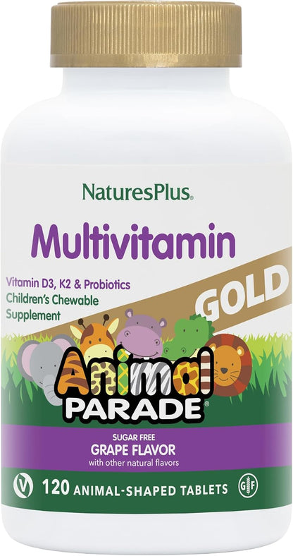 NaturesPlus Animal Parade Gold Children's Multivitamin - Grape Flavour - 120 Chewable Tablets (Pack of 2) - Vegan, Gluten-free