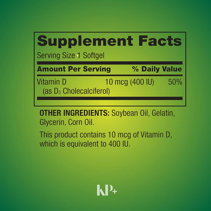 Vitamin D3 Soft gel capsules, Vitamin D3 10MCG (400 IU), 200 Count