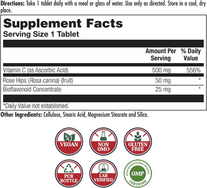 KAL C 500+ Sustained Release Tablets – Vitamin C with Rose Hips and Bioflavonoids – 100 Tablets