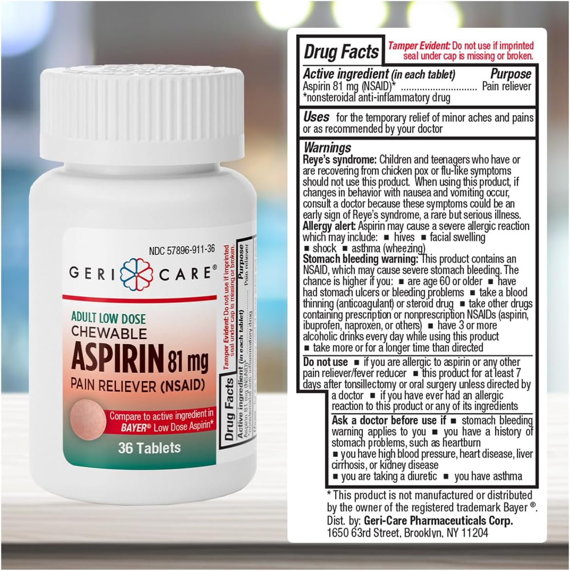 GeriCare Low Dose Adult Chewable Aspirin 81mg, Pain Reliever, Fever Reducer, 36 Tablets - görsel 3