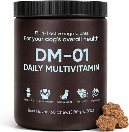 DM-01 Daily Multivitamin for Dogs - Supports Skin & Coat, Joints & Digestion, Beef Flavour, 60 Chews