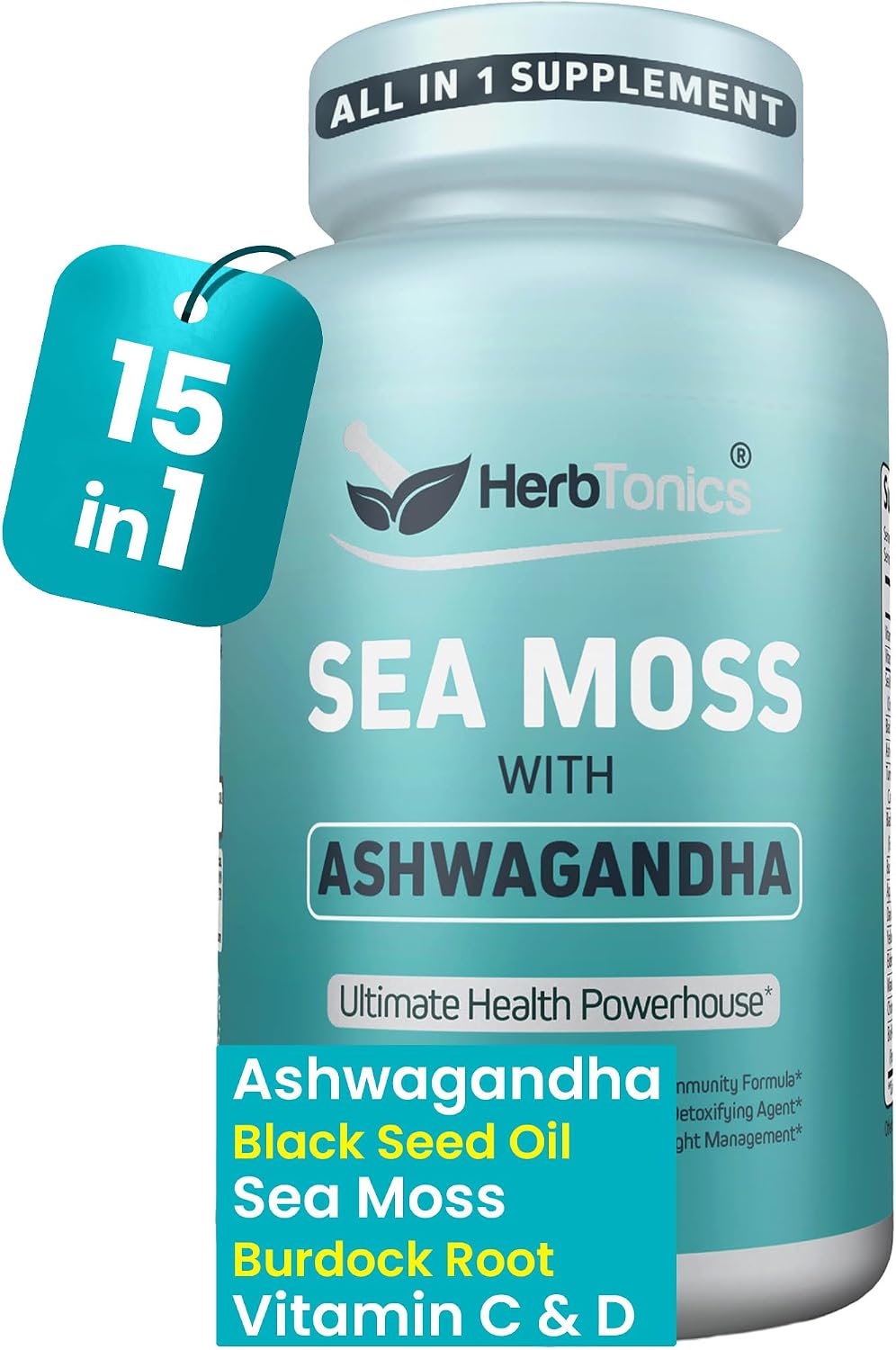 Herbtonics Sea Moss, Black Cumin Seed, Ashwagandha, Burdock Root & Apple Cider Vinegar Complex - 60 Capsules - görsel 1