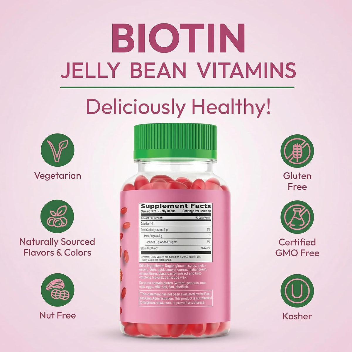Human Beanz Biotin Jelly Bean Gummy Vitamins, Extra Strength 5000mcg for Hair, Skin & Nails, 120 Strawberry Blast Jelly Beans - görsel 7
