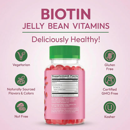 Human Beanz Biotin Jelly Bean Gummy Vitamins, Extra Strength 5000mcg for Hair, Skin & Nails, 120 Strawberry Blast Jelly Beans