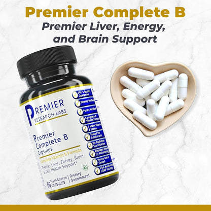 Premier Research Labs Complete B - Vitamin B Complex Supplement with 9 Active B Vitamins for Liver, Energy & Brain Support (60 Capsules)