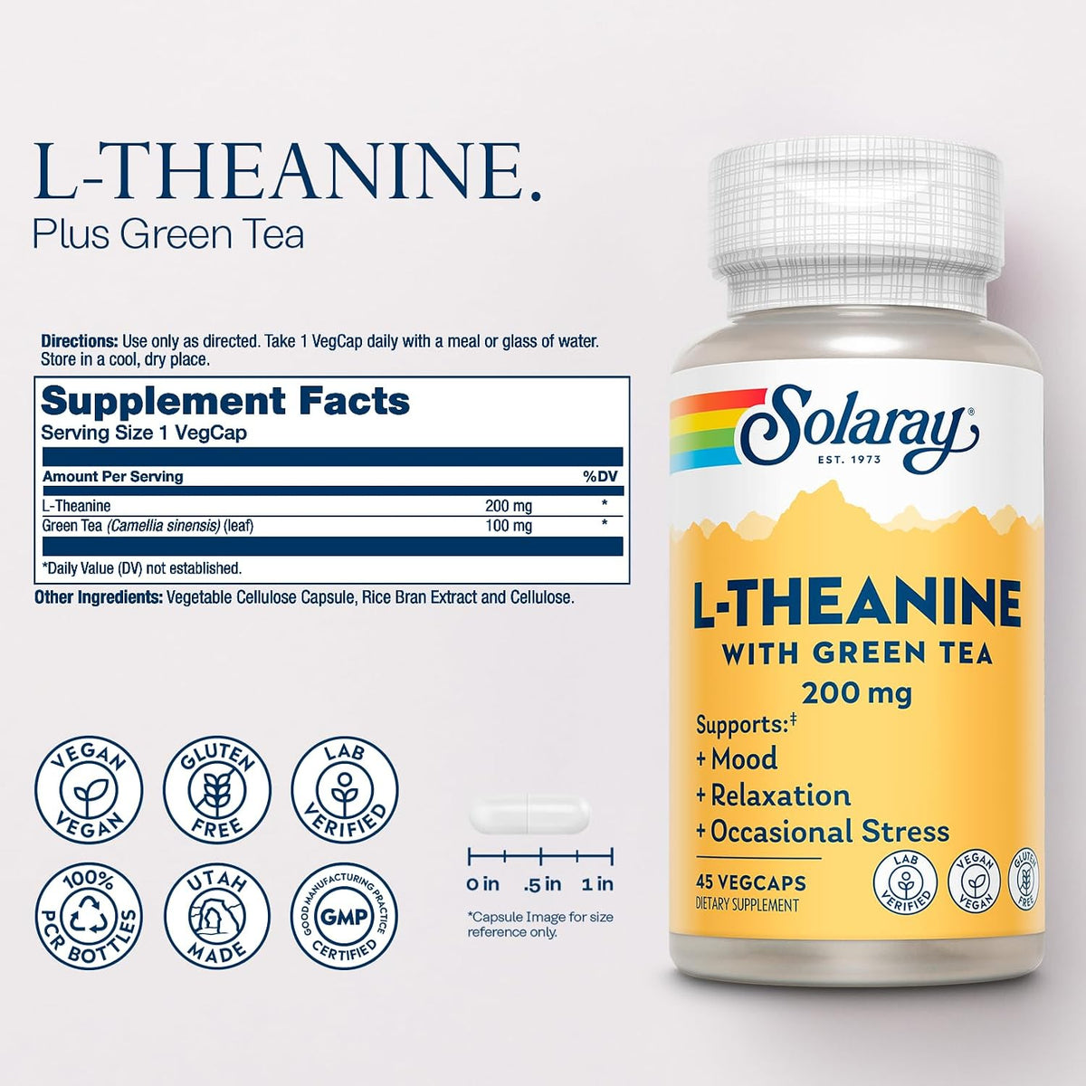 SOLARAY L-Theanine 200mg with Green Tea - Healthy Mood & Relaxation Support - 45 Veggie Capsules - görsel 2