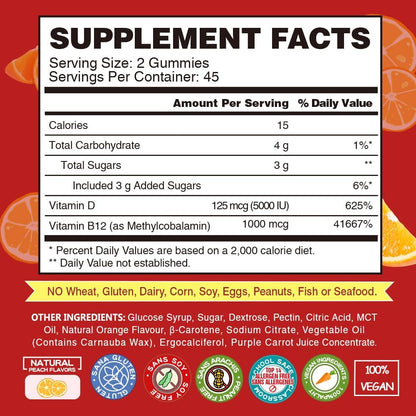 VEGEPOWER Vegan Vitamin B12 & D3 Gummies - 1000 mcg Methyl B12 & 5000 IU D3 - Supports Energy & Immune Function - 90 Count