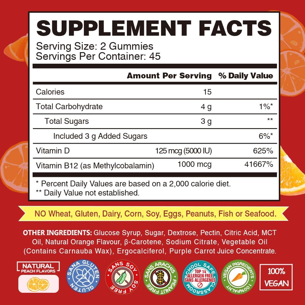 VEGEPOWER Vitamin B12 1000 mcg Gummies for Adults - Vegan Methyl B12 & D3 5000 IU - Orange Flavour 180 Bears - görsel 4