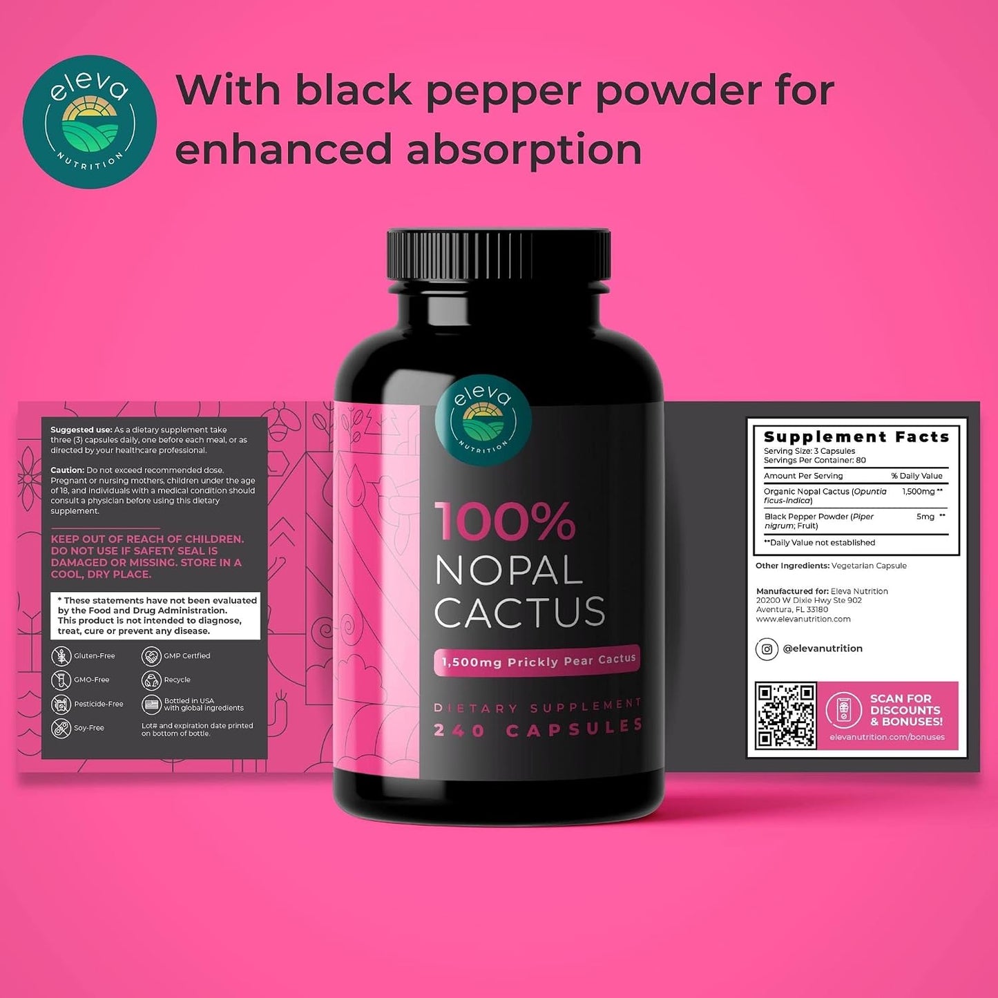 Nopal Cactus Capsules 1500mg – Organic Sun-Dried Prickly Pear Cactus Powder & Black Pepper Extract for Absorption – Natural Prickly Pear Super Supplement, Fibre, Vitamins and Minerals, 240 Capsules - görsel 5