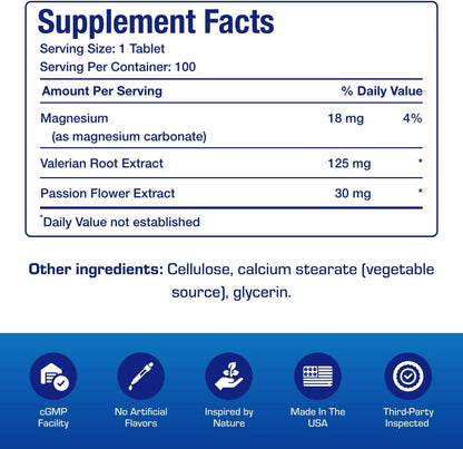Valerian Root for Sleep and Relaxation – Gentle Magnesium Supplement with Passion Flower – Vegan and non-GMO – 100 Servings