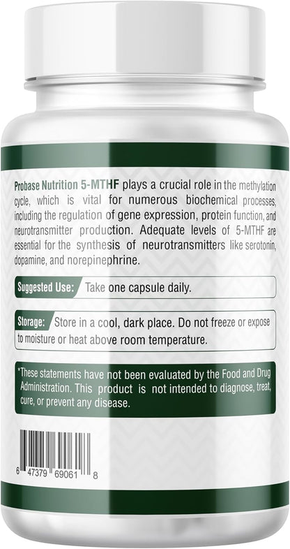 Probase Nutrition Professional Strength L-Methyl Folate 15mg - Active 5-MTHF Form - 60 Capsules