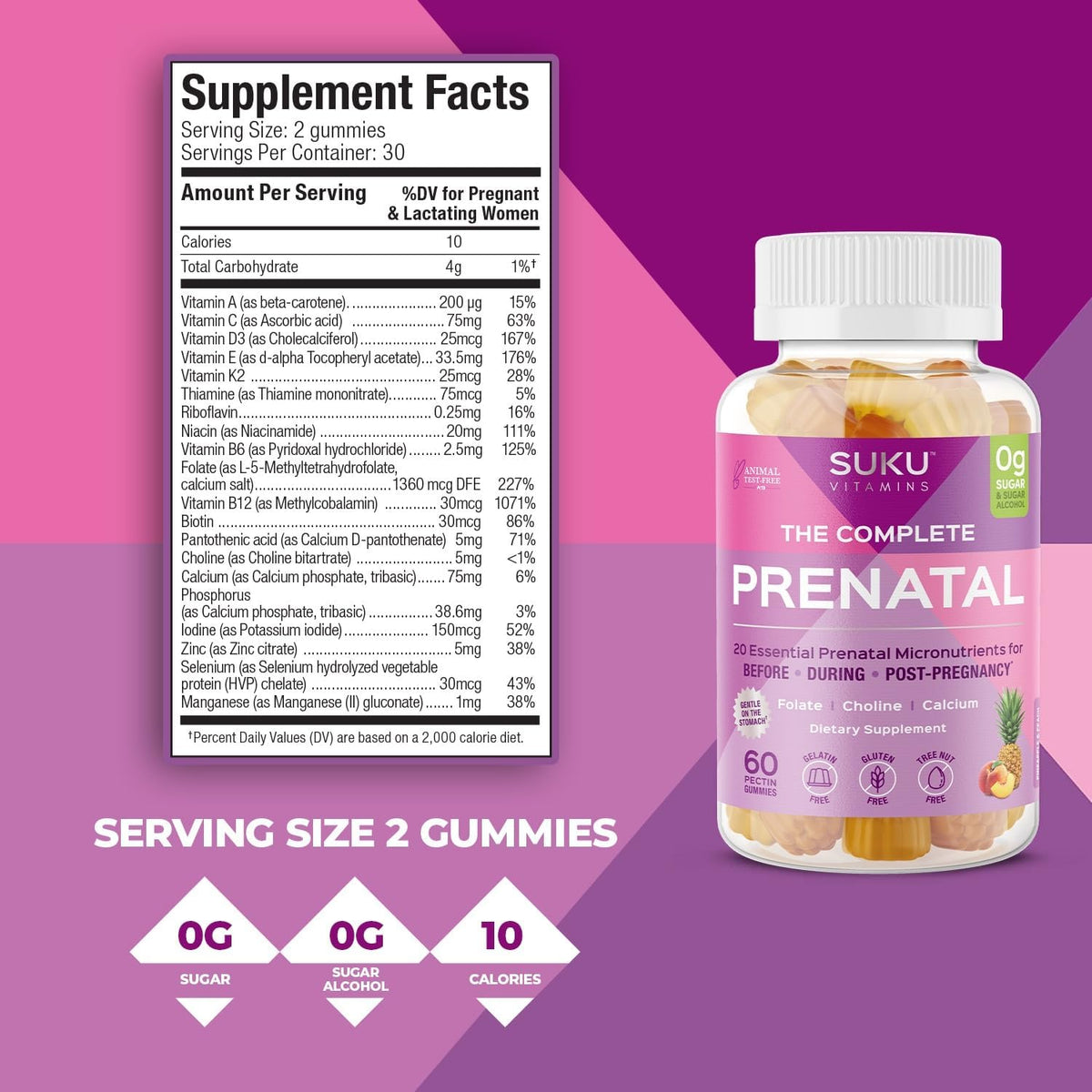 SUKU Prenatal Multivitamin Gummies – Folate, Calcium, Vitamin D3, B12, K2 – Sugar-Free, Vegetarian, Gluten-Free – Pineapple Peach – 60 Count - görsel 4